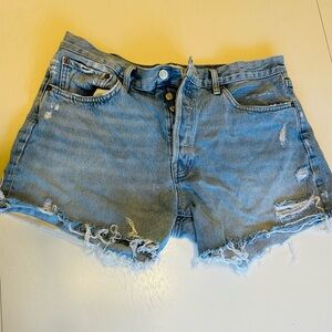 Agolde Blue Distressed Jean Shorts with Frayed Hem